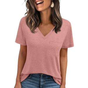 imageAUTOMET T Shirts for Women Short Sleeve Shirts V Neck Plus Size Summer Tops Casual Beach Vacation Outfits Clothes 2025Pink