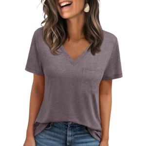 imageAUTOMET T Shirts for Women Short Sleeve Shirts V Neck Plus Size Summer Tops Casual Beach Vacation Outfits Clothes 2025Rosetaupe