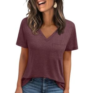 imageAUTOMET T Shirts for Women Short Sleeve Shirts V Neck Plus Size Summer Tops Casual Beach Vacation Outfits Clothes 2025Winered