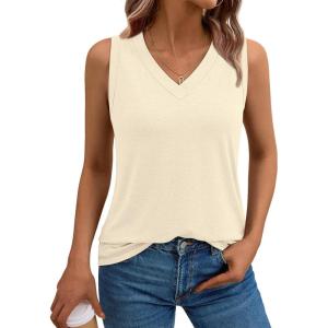 imageAUTOMET Tank Top Women Summer 2025 Casual Spring V Neck Sleeveless Tee Shirt Basic Trendy Beach Vacation Outfits ClothesCream