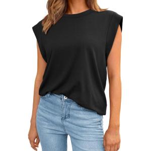 imageAUTOMET Womens Sleeveless Summer Tank Tops Casual Trendy T Shirts Basic Trendy Cap Sleeve Oversized TeeBlack
