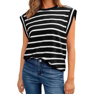 imageAUTOMET Womens Sleeveless Summer Tank Tops Casual Trendy T Shirts Basic Trendy Cap Sleeve Oversized TeeBlackwhite