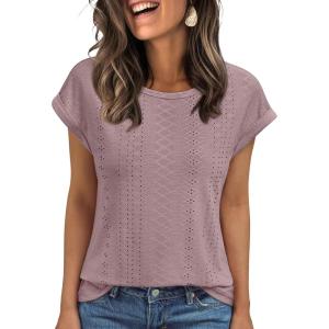 imageAUTOMET Womens Tops Short Sleeve TShirts Eyelet Embroidery Blouse Dressy Causal Spring Summer Fashion 2025 Trendy ClothesDarkpink