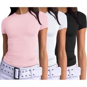 imageAUTOMET Womens 3 Piece Short Sleeve Shirts Basic Going Out Slim Fitted Crop Tops 2025 Summer Y2k ClothesBlack white pink