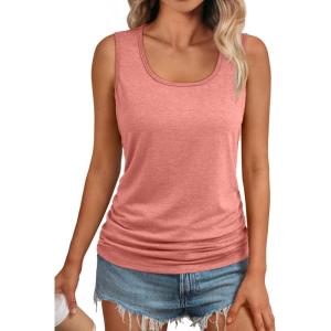 imageAUTOMET Womens Tank Tops 2025 Sleeveless Square Round Neck Ruched Spring Summer Tee Shirts Basic Outfits Trendy ClothesCoral