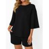 imageAUTOMET Womens Lounge Sets Two Piece Set Summer Outfits 2 Piece Pajama 34 Sleeve Oversized Tshirts Elastic Waist ShortBlack