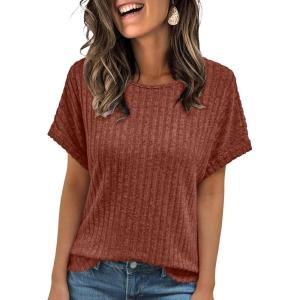 imageAUTOMET Women Shirts Summer Sweaters Regular Fit Short Sleeve Tunic Tops 2025 Dressy Casual Business BlousesBrown