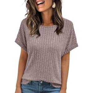 imageAUTOMET Women Shirts Summer Sweaters Regular Fit Short Sleeve Tunic Tops 2025 Dressy Casual Business BlousesCoffee