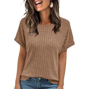 imageAUTOMET Women Shirts Summer Sweaters Regular Fit Short Sleeve Tunic Tops 2025 Dressy Casual Business BlousesKhaki