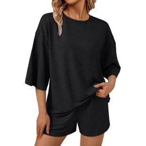 imageAUTOMET Womens Lounge Sets Two Piece Set Summer Outfits 2 Piece Pajama 34 Sleeve Oversized Tshirts Elastic Waist ShortBlack