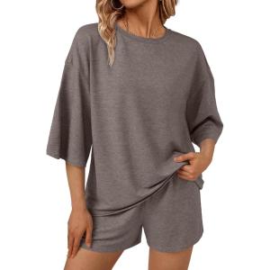 imageAUTOMET Womens Lounge Sets Two Piece Set Summer Outfits 2 Piece Pajama 34 Sleeve Oversized Tshirts Elastic Waist ShortCoffee