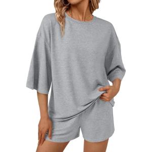 imageAUTOMET Womens Lounge Sets Two Piece Set Summer Outfits 2 Piece Pajama 34 Sleeve Oversized Tshirts Elastic Waist ShortGray