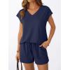imageAUTOMET 2 Piece V Neck Cap Sleeve Shirt and Shorts Set Womens Matching Summer Lounge SetsNavy