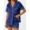 imageAUTOMET Women Silk Satin Fall Pajama Set Matching Lounge Pjs Button Up Soft 2 Piece Suit Ladies Tops and ShortsNavy