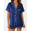 imageAUTOMET Women Silk Satin Fall Pajama Set Matching Lounge Pjs Button Up Soft 2 Piece Suit Ladies Tops and ShortsNavy