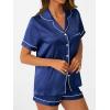 imageAUTOMET Women Silk Satin Fall Pajama Set Matching Lounge Pjs Button Up Soft 2 Piece Suit Ladies Tops and ShortsNavy