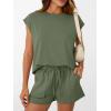 imageAUTOMET Womens Crew Neck Two Piece short Sets Cap Sleeve Drawstring Summer Sweatsuit with PocketArmy Green