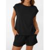 imageAUTOMET Womens Crew Neck Two Piece short Sets Cap Sleeve Drawstring Summer Sweatsuit with PocketBlack