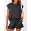 imageAUTOMET Womens Crew Neck Two Piece short Sets Cap Sleeve Drawstring Summer Sweatsuit with PocketBrown