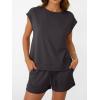 imageAUTOMET Womens Crew Neck Two Piece short Sets Cap Sleeve Drawstring Summer Sweatsuit with PocketBrown