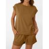imageAUTOMET Womens Crew Neck Two Piece short Sets Cap Sleeve Drawstring Summer Sweatsuit with PocketCamel