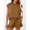 imageAUTOMET Womens Crew Neck Two Piece short Sets Cap Sleeve Drawstring Summer Sweatsuit with PocketCamel