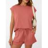 imageAUTOMET Womens Crew Neck Two Piece short Sets Cap Sleeve Drawstring Summer Sweatsuit with PocketCoral