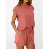 imageAUTOMET Womens Crew Neck Two Piece short Sets Cap Sleeve Drawstring Summer Sweatsuit with PocketCoral
