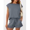 imageAUTOMET Womens Crew Neck Two Piece short Sets Cap Sleeve Drawstring Summer Sweatsuit with PocketDark Grey