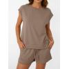 imageAUTOMET Womens Crew Neck Two Piece short Sets Cap Sleeve Drawstring Summer Sweatsuit with PocketDark Khaki