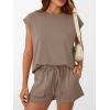 imageAUTOMET Womens Crew Neck Two Piece short Sets Cap Sleeve Drawstring Summer Sweatsuit with PocketDark Khaki