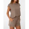 imageAUTOMET Womens Crew Neck Two Piece short Sets Cap Sleeve Drawstring Summer Sweatsuit with PocketDark Khaki