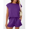 imageAUTOMET Womens Crew Neck Two Piece short Sets Cap Sleeve Drawstring Summer Sweatsuit with PocketDark Purple
