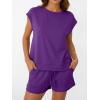 imageAUTOMET Womens Crew Neck Two Piece short Sets Cap Sleeve Drawstring Summer Sweatsuit with PocketDark Purple