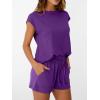 imageAUTOMET Womens Crew Neck Two Piece short Sets Cap Sleeve Drawstring Summer Sweatsuit with PocketDark Purple