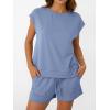 imageAUTOMET Womens Crew Neck Two Piece short Sets Cap Sleeve Drawstring Summer Sweatsuit with PocketDusty Blue
