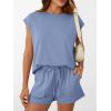 imageAUTOMET Womens Crew Neck Two Piece short Sets Cap Sleeve Drawstring Summer Sweatsuit with PocketDusty Blue