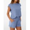 imageAUTOMET Womens Crew Neck Two Piece short Sets Cap Sleeve Drawstring Summer Sweatsuit with PocketDusty Blue