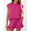 imageAUTOMET Womens Crew Neck Two Piece short Sets Cap Sleeve Drawstring Summer Sweatsuit with PocketHot Pink