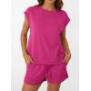 imageAUTOMET Womens Crew Neck Two Piece short Sets Cap Sleeve Drawstring Summer Sweatsuit with PocketHot Pink