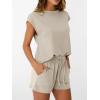 imageAUTOMET Womens Crew Neck Two Piece short Sets Cap Sleeve Drawstring Summer Sweatsuit with PocketKhaki
