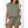 imageAUTOMET Womens Crew Neck Two Piece short Sets Cap Sleeve Drawstring Summer Sweatsuit with PocketOlive Green