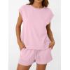 imageAUTOMET Womens Crew Neck Two Piece short Sets Cap Sleeve Drawstring Summer Sweatsuit with PocketPink