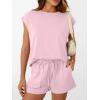 imageAUTOMET Womens Crew Neck Two Piece short Sets Cap Sleeve Drawstring Summer Sweatsuit with PocketPink