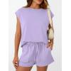 imageAUTOMET Womens Crew Neck Two Piece short Sets Cap Sleeve Drawstring Summer Sweatsuit with PocketPurple