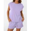 imageAUTOMET Womens Crew Neck Two Piece short Sets Cap Sleeve Drawstring Summer Sweatsuit with PocketPurple