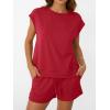 imageAUTOMET Womens Crew Neck Two Piece short Sets Cap Sleeve Drawstring Summer Sweatsuit with PocketRed