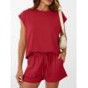imageAUTOMET Womens Crew Neck Two Piece short Sets Cap Sleeve Drawstring Summer Sweatsuit with PocketRed