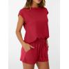 imageAUTOMET Womens Crew Neck Two Piece short Sets Cap Sleeve Drawstring Summer Sweatsuit with PocketRed