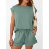 imageAUTOMET Womens Crew Neck Two Piece short Sets Cap Sleeve Drawstring Summer Sweatsuit with PocketSage Green